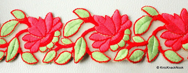 Gold Sheer Trim With Red And Green Floral Embroidery, Approx. 55mm Wide